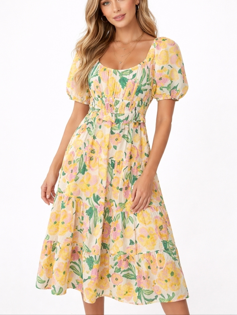 Aakaa Floral Cottagecore Midi Dress Puff Sleeve Smocked Cotton Sundress Small